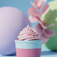 Pastel pink soft serve ice cream swirl in a blue and pink ribbed cup with blurred pastel background