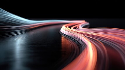 Abstract glowing ribbons curve through dark space