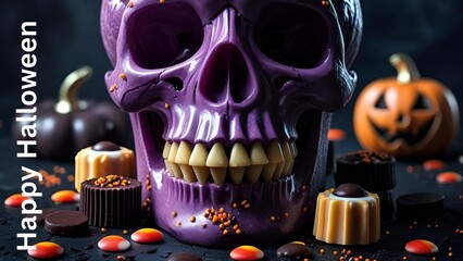 Happy Halloween with Purple Skull, Pumpkins, and Festive Candy