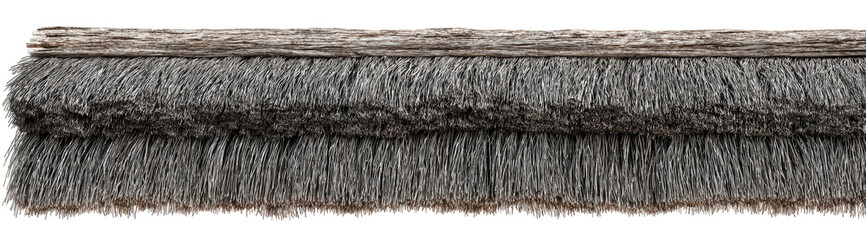 Gray bristle brush, likely for outdoor use.  Dense,  horizontal row of bristles