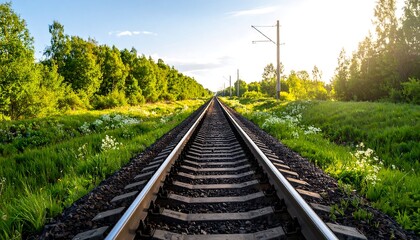 Obraz premium Railway track through green forest at sunset