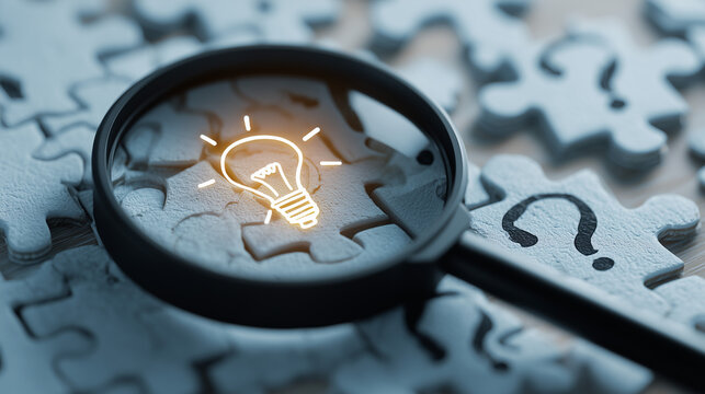 Magnifying glass revealing a glowing lightbulb idea symbol amidst a scattered collection of puzzle pieces and question marks symbolizing problem solving and discovery