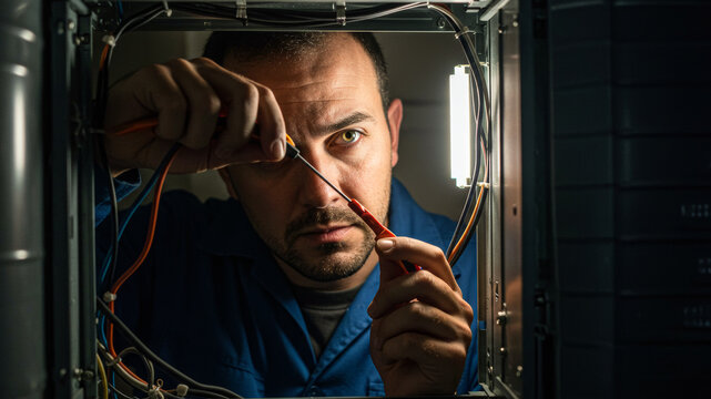 Technician working on intricate wiring in dark server rack