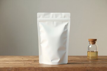 A white pouch and a small glass bottle with liquid on a wooden surface against a plain background
