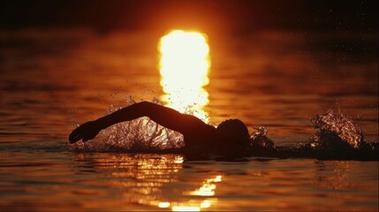 A silhouette of a swimmer doing a powerful stroke against a setting sun. The image is simple, yet full of grace and power.