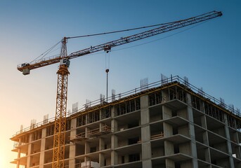 Construction crane working on a building against the sky at sunset
