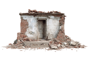 A dilapidated, small building, its walls and roof crumbling, revealing a weathered wooden door