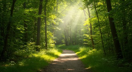Obraz premium A sunlit forest path winds through lush green trees, creating a serene and inviting atmosphere.