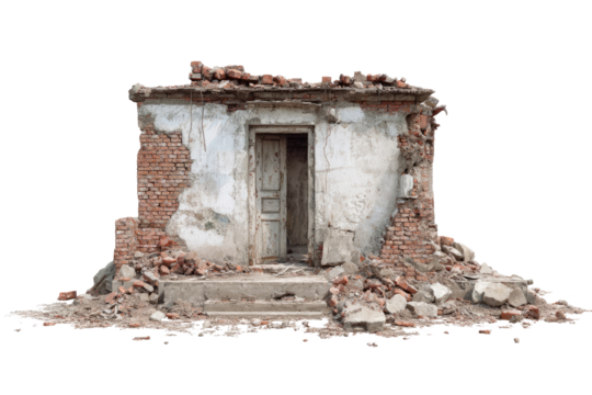 A dilapidated, small building, its walls and roof crumbling, revealing a weathered wooden door