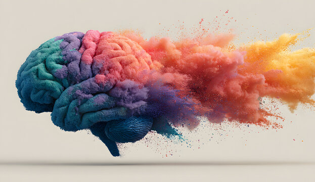 Rainbow human brain explosion, cognitive overload, creative inspiration, mental health, psychology and neurology concept