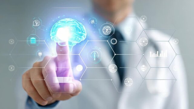 AI powered diagnostics brain medical technology healthcare innovation digital interface futuristic concept with doctor hand - Powered by Adobe