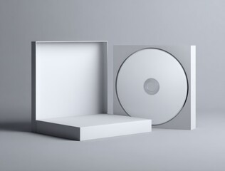 Blank DVD and empty open case with disc holder on a neutral gray background for media storage or presentation