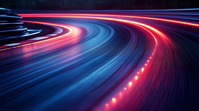 Abstract Curved Composition: Bright Red Light Trails Curving with Dynamic Motion, Contrasting with Deep Blue Tones and Dark Background, Parallel Line Textures Showing Depth, Futuristic Aesthetics