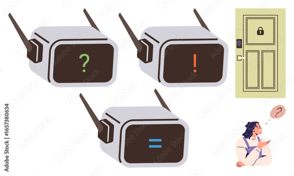 Poster three devices with question, exclamation, and equal symbols indicate problem-solving logic. user que