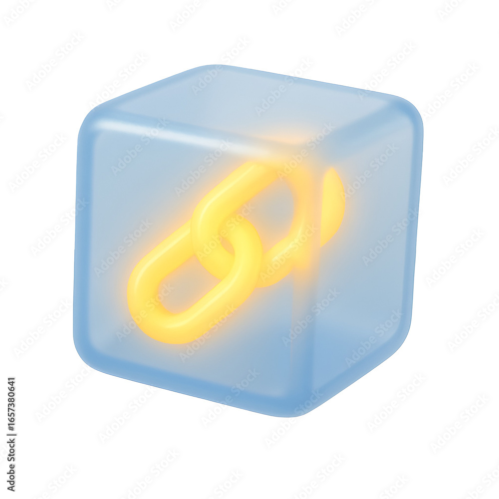 Aufkleber neon orange chain link inside translucent cube symbolizing blockchain, security or digital connectio