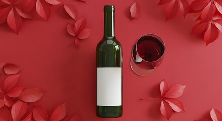 Sophisticated wine bottle and glass with deep red leaves for elegant presentations