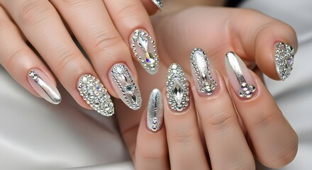 Elegant stiletto silver nails with rhinestones for beauty and fashion