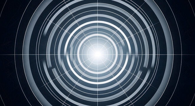 Abstract futuristic circular graphic with a bright white glow at the center, radiating outward with concentric rings and technological elements, representing innovation and digital art