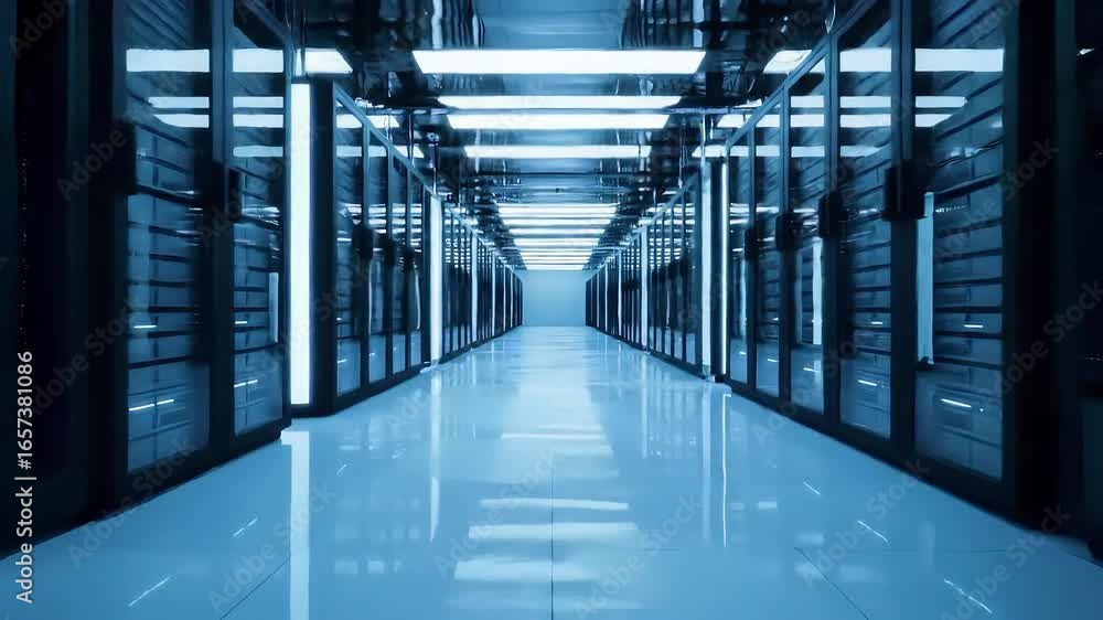 Poster illuminated server room with rows of computer equipment