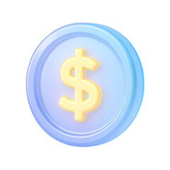 Obraz premium Blue glowing dollar coin with illuminated symbol, representing finance, savings, or wealth on a 3D transparent background. 