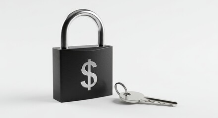 Secure Finances: Black Padlock with Dollar Sign and Key on White Background