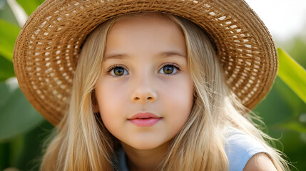 Beautiful little blonde girl with long hair in a wicker hat peeps out, summer, portrait, fright, surprise, emotion