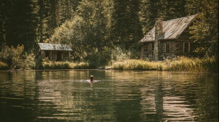 A person swimming in a lake at a rustic cabin. The scene is serene, calm, and full of a sense of retreat.