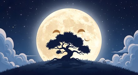 Naklejka premium Peaceful Bonsai Silhouette Against a Giant, Smiling, Anthropomorphic Full Moon