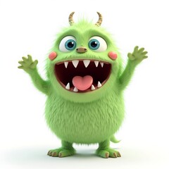 Fototapeta premium A fluffy green monster with horns and a heart shaped tongue standing on a white background smiling wide