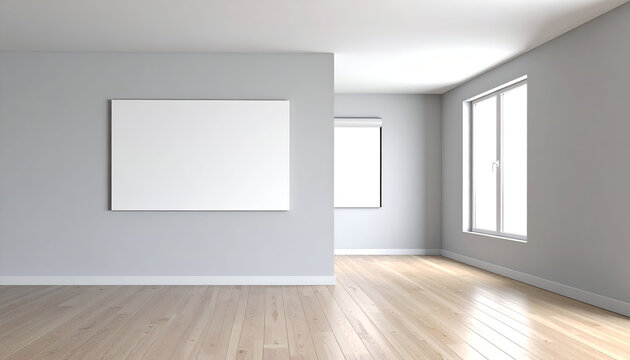 Stylish modern office or living room interior with wooden desk, shelves, large windows and indoor plants. Perfect for real estate, workplace, or architecture themes.