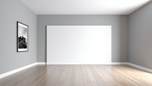 Interior mockup of a modern room with wooden flooring and a large blank white frame on the wall, ideal for artwork, posters, or branding presentations.