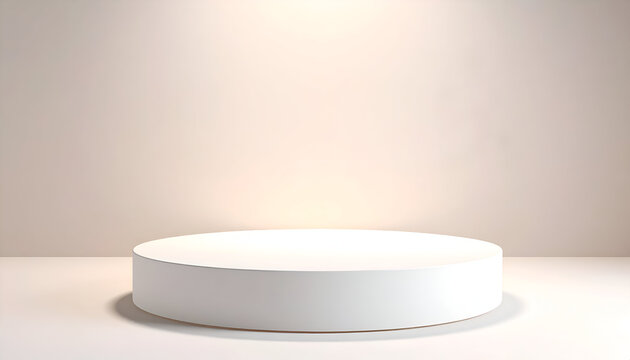 A minimal white circular podium platform displayed against a soft light beige background, ready for product presentatio