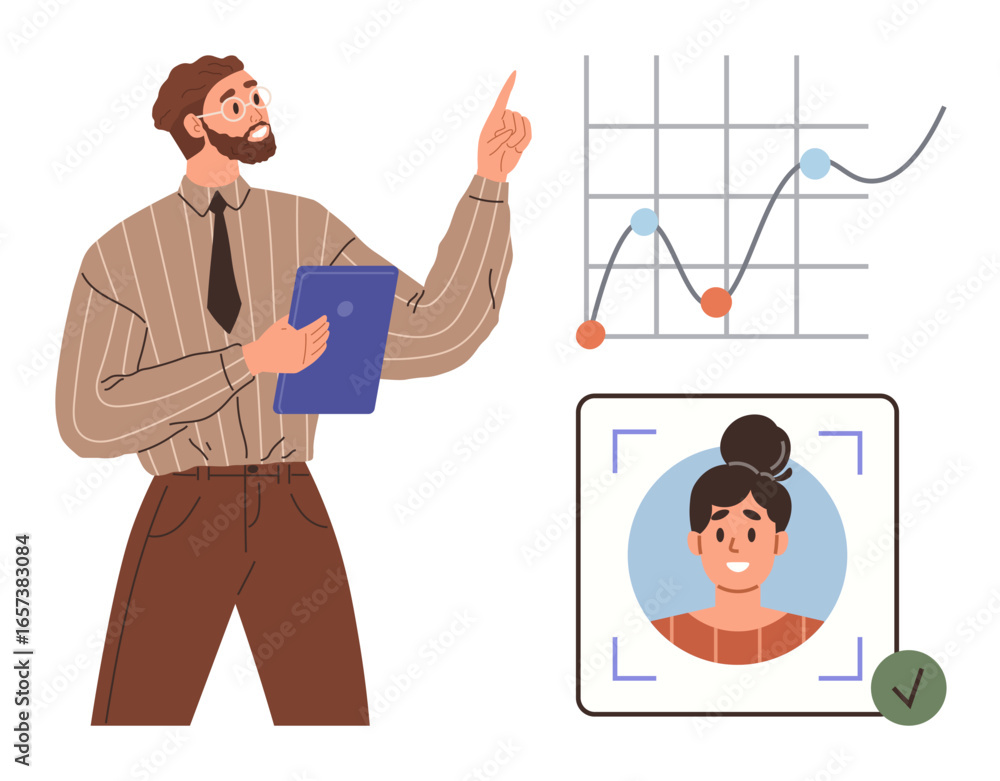 Aufkleber man pointing at chart analyzing data growth, holding clipboard near user portrait verification. idea