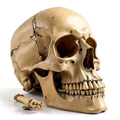 Naklejka premium Anatomical skull model with cracks and bone fragment on white background in studio lighting