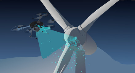 Drone inspecting damaged wind turbine blade; close-up view showing teal inspection light against a dark blue sky; industrial
