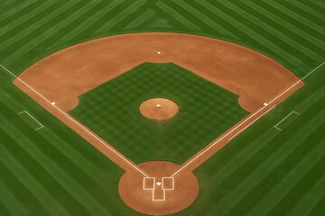 Aerial view captures a pristine baseball field with vibrant green grass and clay diamond details.