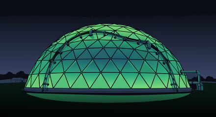 Nighttime exterior view of a geodesic dome structure illuminated with green light, showcasing its triangular framework against a dark