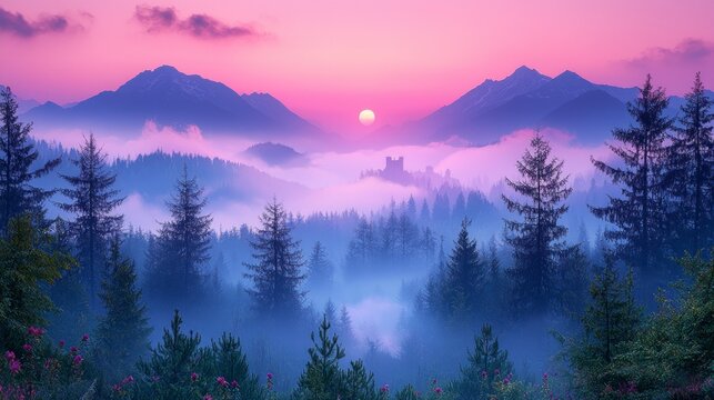 Misty mountain sunset with trees and distant castle