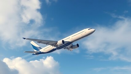Commercial airliner ascends through a cloudy blue sky, viewed from the wingtip with visible vapor trails.