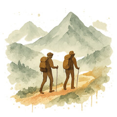 Two backpackers on a hiking adventure through a scenic mountain range. Hand-drawn watercolor artwork of people exploring the wilderness.