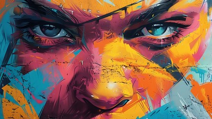 Abstract Graffiti Art Close up of a vibrant expressive female face painted on a textured wall in bold colors