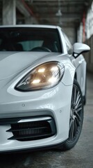 Sleek White Sports Car Showcasing Modern Design and Elegance in Industrial Setting