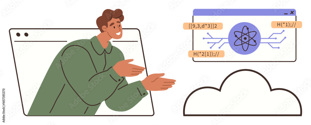 Poster man emerging from browser window explaining atom-themed data visualization with figures and cloud ic