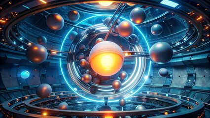 Abstract glowing 3d spheres orbiting around futuristic core in digital space design