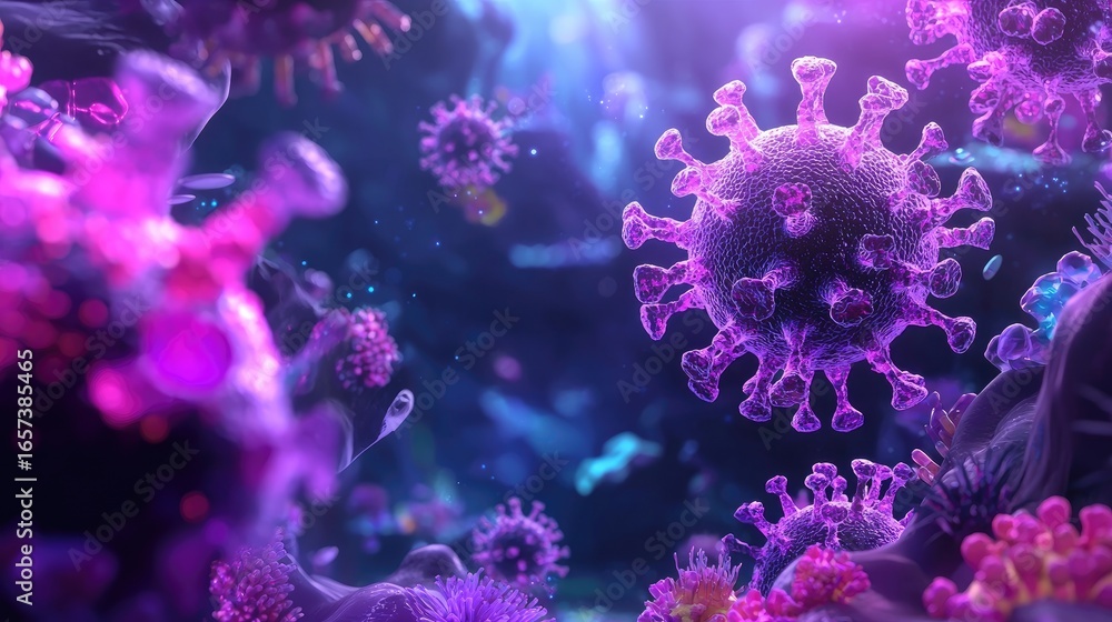 Poster close-up view of colorful coronavirus particles in a microscopic environment with sparkling backgrou