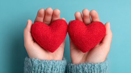 Fototapeta premium Top view of both hands holding red hearts on a blue background, as a symbol of care and compassion. Template design with copy space for add text.