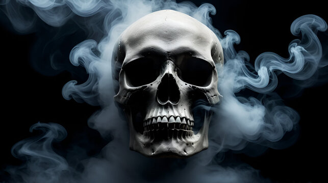 skull emerging from dark smoke, blending with misty vapor, creates haunting and mysterious atmosphere. interplay of shadows and light evokes sense of intrigue and eeriness