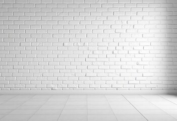 Fototapeta premium Clean white brick wall backdrop, textured tile floor, minimalist, mortar