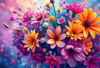 Fototapeta premium Dreamy, vibrant floral bouquet in colorful hues; mystical, whimsical digital painting, shades, light
