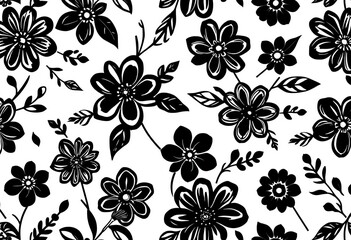 Fototapeta premium Elegant monochrome floral doodle seamless pattern Black outline flowers & leaves on white , print, hand drawn